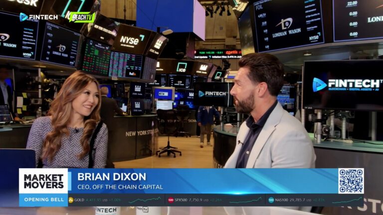 Brian Dixon speaks on Market Movers at the New York Stock Exchange, with FINTECH.TV branding and trading screens behind him.