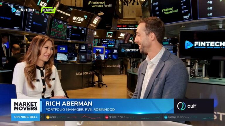 Rich Aberman speaks with a FINTECH.TV host on the New York Stock Exchange floor during Market Movers: The Opening Bell.