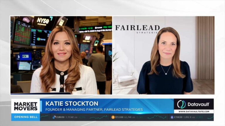 Katie Stockton appears in a Market Movers segment beside the NYSE trading floor and a Fairlead Strategies backdrop.