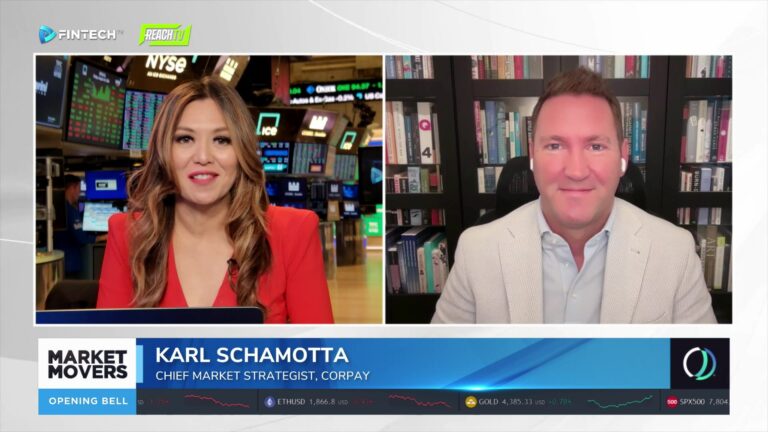 Market Movers interview at the NYSE shows Karl Schamotta discussing U.S. stocks at records and a softer dollar.