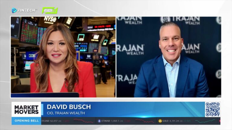 A FINTECH.TV split-screen shows a host at the NYSE with David Busch of Trajan Wealth during Market Movers Opening Bell.