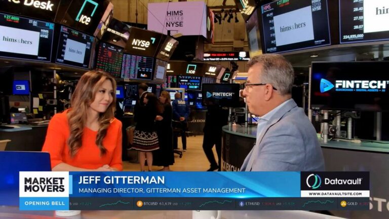 A Market Movers interview shows Jeff Gitterman speaking with a presenter on the New York Stock Exchange floor.