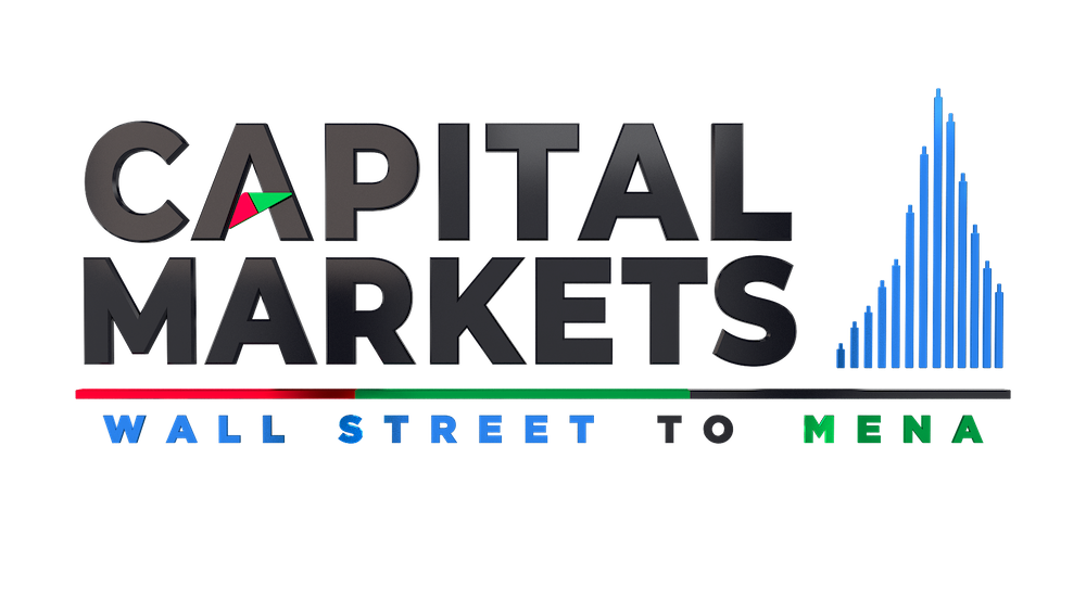 A bold CAPITAL MARKETS wordmark sits above the tagline “WALL STREET TO MENA,” with a rising blue bar-chart symbol at right.